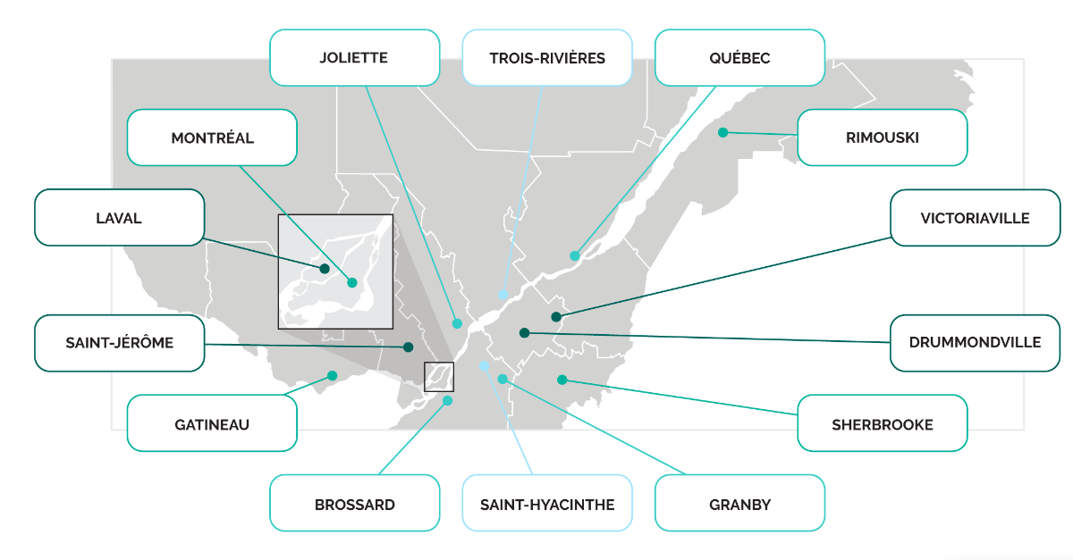 Carte des 14 équipes offrant le bilan du bien-être et de la santé physique